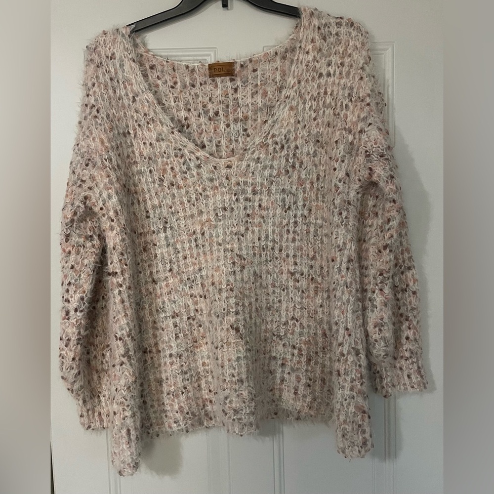 POL Teddy Fuzzy Knit V-neck Sweater Medium Oversized Bohemian Festival Cozy